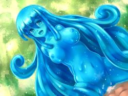 Rule 34 | 1girl, :d, arms behind back, blue eyes, blue hair, blush, breasts, censored, collarbone, cowgirl position, cum, cum in pussy, curly hair, dutch angle, girl on top, hair between eyes, happy, jin-gai yo, large breasts, long hair, looking at viewer, monster, monster girl, navel, nipples, nude, open mouth, cum overflow, penis, pov, see-through, sex, sidelocks, slime girl, smile, straddling, transparent, vaginal, very long hair