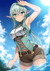 Rule 34 | 1girl, aqua eyes, aqua hair, arm up, armpits, bare arms, belt, black belt, blue sky, blush, breasts, brown shorts, cloud, cowboy shot, crossed bangs, day, elf, goblin slayer!, hair between eyes, high elf archer (goblin slayer!), long hair, looking at viewer, low ponytail, medium breasts, outdoors, parted lips, pointy ears, short shorts, shorts, sky, solo, standing, sun, thighs, very long hair, wading, water, wet, xe (execut3r)