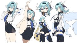 Rule 34 | 1girl, blue eyes, blue hair, blush, breasts, cape, chibi, commentary request, drinking, eula (genshin impact), genshin impact, gloves, hair between eyes, hair ornament, hairband, hidakarumen, leg up, long hair, multicolored eyes, squeans, thighhighs, thighs, white background