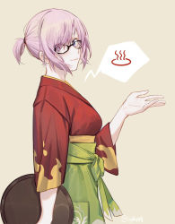 Rule 34 | 1girl, bad id, bad pixiv id, blue eyes, csyday, fate/grand order, fate (series), glasses, hair over one eye, highres, holding, holding plate, japanese clothes, kimono, mash kyrielight, mash kyrielight (enma-tei uniform), official alternate costume, onsen, plate, purple eyes, short hair, short ponytail, smile, solo, speech bubble, spoken object
