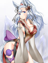 Rule 34 | 10s, 1girl, animal ears, breasts, detached sleeves, erune, g pon (gachapon), gradient background, granblue fantasy, highres, large breasts, long hair, looking at viewer, silver hair, societte (granblue fantasy), solo, tail, wolf ears, wolf tail