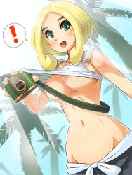 Rule 34 | !, 10s, 1girl, accidental exposure, blonde hair, blush, boris (noborhys), breasts, camera, censored, clothes lift, convenient censoring, creatures (company), eyebrows, game freak, green eyes, gym leader, large breasts, navel, nintendo, no bra, open mouth, palm tree, pokemon, pokemon xy, shirt lift, short hair, smile, standing, thick eyebrows, tree, underboob, viola (pokemon), wardrobe malfunction