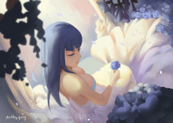 Rule 34 | 1girl, backless dress, backless outfit, backlighting, bare shoulders, bench, black hair, blue flower, blue rose, breasts, cleavage, closed eyes, commentary, dress, english commentary, flower, from above, garden, guryfrog, kill la kill, kiryuuin satsuki, large breasts, lips, long dress, long hair, nose, petals, rose, sitting, solo, straight hair, strapless, strapless dress, thick eyebrows, twitter username, wedding dress, white dress