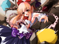 Rule 34 | 1girl, armpits, belt, blue bow, blue skirt, blush, bow, breasts, brown eyes, chain, commentary request, cube, doburoku (daiginjou), fangs, fingernails, frilled cuffs, hair bow, horn bow, horn ornament, horns, ibuki suika, incoming attack, long hair, motion blur, motion lines, nail polish, neckerchief, oni, orange hair, orb, pointing, pointing at viewer, pyramid (geometry), red bow, red neckerchief, shadow, sharp fingernails, shirt, sideboob, sidelocks, skirt, sleeveless, sleeveless shirt, slit pupils, small breasts, solo, split mouth, tongue, torn clothes, torn sleeves, touhou, v-shaped eyebrows, white nails, white shirt, white wrist cuffs, wrist cuffs