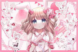 Rule 34 | 1girl, angel wings, animal ears, blue eyes, blush, bouquet, bow, broken heart, brown hair, rabbit hair ornament, comb, dress, envelope, flower, frills, hair bow, hair flower, hair ornament, halo, heart, highres, holding, holding bouquet, holding comb, holding hands, holding sign, holding staff, looking at viewer, multiple views, original, pink background, pink theme, rabbit, rabbit ears, sign, simple background, staff, two side up, umiusagi mimi, wings