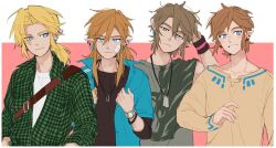Rule 34 | 4boys, bandaid, bandaid on face, blonde hair, blue eyes, brown hair, casual, collared shirt, contemporary, dog tags, earrings, fang, hanaberin, in-franchise crossover, jacket, jewelry, link, multiple boys, multiple persona, nintendo, open clothes, open shirt, pointy ears, shirt, smile, the legend of zelda, the legend of zelda: breath of the wild, the legend of zelda: ocarina of time, the legend of zelda: skyward sword, the legend of zelda: twilight princess, upper body, watch, wristwatch