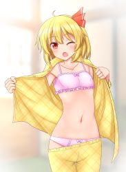 Rule 34 | 1girl, ;o, absurdres, ahoge, blonde hair, blurry, blurry background, bow, bow panties, bra, collarbone, commentary request, cowboy shot, frilled bra, frills, hair between eyes, hair ribbon, highres, indoors, long sleeves, looking at viewer, navel, one eye closed, open clothes, open mouth, open pajamas, pajamas, panties, pants, pink bow, pink bra, pink panties, plaid, plaid pajamas, plaid pants, polka dot, polka dot bra, polka dot panties, red eyes, red ribbon, ribbon, rumia, short hair, solo, standing, stomach, tears, teoi (good chaos), touhou, underwear, wing collar, yellow pajamas, yellow pants