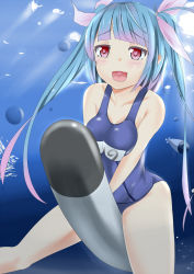 Rule 34 | 10s, 1girl, blue hair, breasts, bubble, daikikia 9, hair ornament, hair ribbon, heart, heart-shaped pupils, i-19 (kancolle), kantai collection, large breasts, long hair, name tag, one-piece swimsuit, open mouth, personification, red eyes, ribbon, school swimsuit, smile, solo, star-shaped pupils, star (symbol), swimsuit, symbol-shaped pupils, torpedo, twintails, underwater