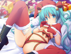 Rule 34 | 1girl, aqua eyes, aqua hair, bell, boots, christmas, cross-laced footwear, gift, gloves, hair bell, hair ornament, hat, hatsune miku, highres, lace-up boots, long hair, looking at viewer, lying, naked ribbon, on back, red gloves, red thighhighs, ribbon, santa hat, solo, thighhighs, twintails, very long hair, vocaloid, yuzuki kei