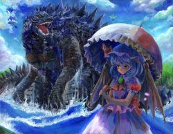 Rule 34 | 3girls, ascot, bat wings, blue dress, blue footwear, blue hair, blue sky, bow, brooch, cirno, cloud, collar, crossover, daiyousei, day, dress, fairy, fairy wings, flying, forest, frilled collar, frilled shirt collar, frilled sleeves, frills, godzilla, godzilla (2014), godzilla (series), green hair, hair bow, harikona, hat, hat bow, highres, holding, holding umbrella, ice, ice wings, jewelry, lake, legendary pictures, looking to the side, mob cap, monsterverse, mountain, multiple girls, nature, oil painting (medium), painting (medium), parasol, pink shirt, pink skirt, red eyes, remilia scarlet, sea monster, sharp teeth, shirt, shoes, short hair, side ponytail, skirt, sky, smile, teeth, toho, touhou, traditional media, umbrella, water, wings, yellow eyes