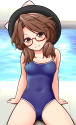 Rule 34 | 1girl, alternate costume, arm support, black hat, blush, bow, breasts, brown eyes, brown hair, competition school swimsuit, covered navel, glasses, hat, hat bow, katou kaiou, looking at viewer, low twintails, one-piece swimsuit, pool, red-framed eyewear, school swimsuit, semi-rimless eyewear, short hair, small breasts, smile, solo, swimsuit, touhou, twintails, under-rim eyewear, usami sumireko, white bow