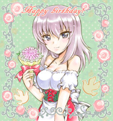 Rule 34 | 1girl, apron, bird, blue eyes, bouquet, bow, closed mouth, commentary request, dirndl, english text, flower, frilled skirt, frills, german clothes, girls und panzer, green background, happy birthday, holding, holding bouquet, itsumi erika, kuromori yako, light particles, long hair, looking at viewer, off-shoulder shirt, off shoulder, partial commentary, polka dot, polka dot background, red bow, red skirt, rose, shirt, short sleeves, silver hair, skirt, smile, solo, underbust, upper body, waist apron, white apron, white shirt