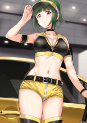 Rule 34 | 1girl, armband, belt, belt buckle, black choker, black neckwear, black shirt, black thighhighs, blunt bangs, blurry, blurry background, blush, breasts, brown eyes, buckle, car, choker, cleavage, closed mouth, closed umbrella, collarbone, cowboy shot, crop top, from below, green hair, hand on headwear, high ponytail, highres, holding, holding umbrella, idolmaster, idolmaster (classic), indoors, legs together, looking at viewer, medium breasts, midriff, mole, mole under mouth, motor vehicle, navel, otonashi kotori, partially unzipped, race queen, shirt, short hair, short ponytail, short shorts, shorts, sidelocks, sleeveless, smile, solo, standing, stomach, thighhighs, thighs, tsurui, umbrella, visor cap, wristband, yellow shorts