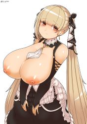 Rule 34 | 1girl, asymmetrical hair, azur lane, bare shoulders, black dress, blonde hair, blunt bangs, breasts, breasts out, bridal gauntlets, closed mouth, collar, dress, earrings, formidable (azur lane), frilled dress, frills, hair ribbon, haku hakujou daimaou, highres, huge breasts, jewelry, long hair, nipples, platinum blonde hair, red eyes, ribbon, simple background, solo, twintails, white background
