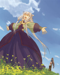 Rule 34 | 00s, 1boy, 1girl, chinese clothes, cloud, code geass, day, dress, closed eyes, grass, happy, li xingke, long hair, open mouth, quad tails, silver hair, siratama anmitsu, sky, smile, tianzi, twintails
