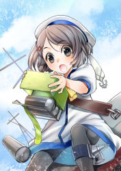 Rule 34 | 1girl, :o, blue sailor collar, blush, child, cloud, commentary request, day, depth charge, dress, female focus, grey hair, grey pantyhose, hair ornament, hat, holding, kagesaki yuna, kaiboukan no. 30 (kancolle), kantai collection, outdoors, pantyhose, rigging, sailor collar, sailor dress, sailor hat, short hair, sky, solo, white dress, white hat