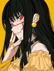 Rule 34 | 1girl, absurdres, black choker, black hair, chainsaw man, choker, cross scar, dress, earrings, facial scar, frilled dress, frilled sleeves, frills, gold earrings, highres, jewelry, long hair, looking at viewer, multiple rings, nail polish, parted lips, red eyes, ring, ringed eyes, sailen0, scar, scar on cheek, scar on face, sideways glance, simple background, smile, solo, yellow background, yellow dress, yellow nails, yellow theme, yoru (chainsaw man)