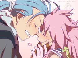 Rule 34 | 1boy, 1girl, arche klein, blue hair, chester burklight, couple, closed eyes, forehead-to-forehead, gloves, grin, hand on another&#039;s cheek, hand on another&#039;s face, heads together, heart, hetero, long hair, mifuta, pink hair, ponytail, smile, tales of (series), tales of phantasia