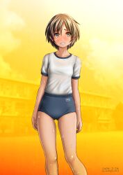Rule 34 | 1girl, arms at sides, bare legs, blue buruma, blush, bra, bra visible through clothes, breasts, brown eyes, brown hair, building, buruma, clenched teeth, commentary request, dated, gradient background, gym shirt, gym uniform, highres, looking to the side, ninofumihead, original, outdoors, shirt, short hair, signature, sky, small breasts, solo, sweat, sweaty clothes, teeth, underwear, white bra, yellow background, yellow sky
