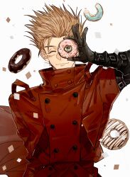 Rule 34 | 1boy, arm up, black gloves, blonde hair, blue eyes, closed mouth, cowboy shot, doughnut, earrings, food, gannnmoo, gloves, highres, holding, holding food, jacket, jewelry, long sleeves, male focus, one eye closed, red jacket, short hair, single earring, smile, solo, spiked hair, standing, trigun, vash the stampede, white background