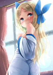 Rule 34 | 10s, 1girl, asakaze (kancolle), ass, blue eyes, blush, breasts, breasts out, covering privates, covering breasts, curtains, from behind, hakama, hakama skirt, highres, indoors, japanese clothes, kantai collection, light brown hair, light particles, long hair, looking at viewer, meiji schoolgirl uniform, nyahu (nyahu 77), parted bangs, sidelocks, skirt, small breasts, solo, wavy hair, window