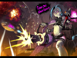 Rule 34 | 1girl, akcho, bad cghub id, bad id, blue hair, braid, casing ejection, crazy eyes, detached sleeves, firing, flat chest, gatling gun, glowing, glowing eyes, grin, gun, hairline, jinx (league of legends), league of legends, letterboxed, long hair, midriff, minigun, missile, muzzle flash, navel, nose, pink eyes, shell casing, short shorts, shorts, single braid, single thighhigh, smile, tattoo, thighhighs, tjdtnals12, twin braids, very long hair, weapon