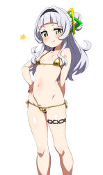 Rule 34 | 1girl, absurdres, arched bangs, arm behind back, bikini, blunt bangs, blush, breasts, closed mouth, dot nose, flat chest, gold bikini, grey hair, hair bun, hair ornament, hand on own hip, highres, hololive, iwano kenta, long hair, looking at viewer, murasaki shion, navel, petite, short eyebrows, simple background, single side bun, skindentation, small breasts, smile, smug, solo, standing, star (symbol), stomach, string bikini, swimsuit, thigh strap, virtual youtuber, white background, yellow eyes