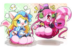 Rule 34 | 2girls, alice (cat busters), azuma minatsu, blonde hair, blue eyes, cat, cat busters, cheshire (cat busters), furry, hair ribbon, long hair, multiple girls, pink hair, ribbon, smile