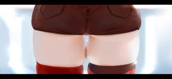 Rule 34 | 1girl, absurdres, amber (genshin impact), ass, ass focus, brown shorts, close-up, from behind, genshin impact, highres, letterboxed, nodokana yuki, red thighhighs, short shorts, shorts, skindentation, sparkle, sweat, thigh gap, thighhighs, thighs, trefoil