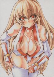 Rule 34 | 1girl, adjusting clothes, adjusting legwear, alternate costume, arm guards, bad id, bad pixiv id, blush, breasts, brown eyes, brown hair, cleavage, curvy, dead or alive, kasumi (doa), large breasts, long hair, looking at viewer, marker (medium), mechanical pencil, millipen (medium), ninja, pencil, simple background, slit pupils, solo, thighhighs, traditional media, white background, white thighhighs, yutakasan-love