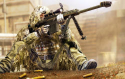Rule 34 | 1boy, aiming, anti-materiel rifle, barrett m82, bipod, camouflage, ghillie suit, gun, highres, holding, holding gun, holding weapon, load bearing vest, magazine (weapon), male focus, military, original, red star alliance, rifle, scope, shell casing, sniper rifle, solo, trigger discipline, weapon