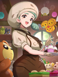 Rule 34 | 1girl, :d, apron, artist name, ascot, blurry, blurry foreground, blush stickers, brown apron, brown ascot, brown eyes, brown skirt, buttons, ceiling, combee, commentary request, creatures (company), cupcake, fidough, food, game freak, gen 2 pokemon, gen 4 pokemon, gloves, gonzarez, green hair, highres, holding, igglybuff, indoors, katy (pokemon), looking down, mole, nintendo, nymble, open mouth, pokemon, pokemon sv, puffy sleeves, shirt, short sleeves, skirt, smile, smoliv, spider web print, tarountula, teddiursa, teeth, upper teeth only, waist apron