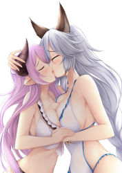 Rule 34 | 2girls, animal ears, asymmetrical docking, bare arms, bare shoulders, bikini, blush, braid, breast press, breasts, casual one-piece swimsuit, cleavage, closed eyes, commentary request, commission, draph, erune, euforia, french kiss, frilled bikini, frilled swimsuit, frills, from side, granblue fantasy, hand on another&#039;s head, heles, holding hands, horns, kiss, large breasts, long hair, mixed-language commentary, multiple girls, narmaya (granblue fantasy), one-piece swimsuit, pointy ears, profile, saliva, sidelocks, silver hair, simple background, single braid, swimsuit, tongue, tongue out, upper body, very long hair, white background, white bikini, white one-piece swimsuit, yuri