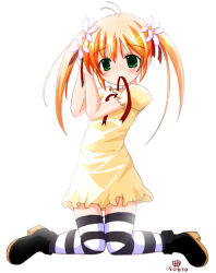 Rule 34 | 1girl, antenna hair, blonde hair, blush, dress, flower, green eyes, hair flower, hair ornament, hairdressing, kneeling, long hair, mouth hold, orange hair, original, ribbon, simple background, solo, striped clothes, striped thighhighs, thighhighs, twintails, white background, yamasaki tomoya