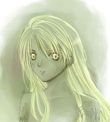 Rule 34 | 1boy, evra von, gradient background, green eyes, green hair, long hair, male focus, matching hair/eyes, open mouth, scales, snake, solo, the saga of darren shan, upper body, white background, yellow eyes