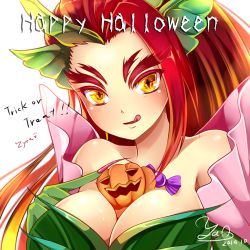 Rule 34 | 10s, 1girl, 2014, :q, akira b, bare shoulders, between breasts, breasts, character name, cleavage, dated, eyebrows, halloween, jack-o&#039;-lantern, large breasts, league of legends, long hair, looking at viewer, lowres, red hair, simple background, solo, tongue, tongue out, trick or treat, white background, yellow eyes, zyra