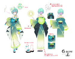 1girl blue_ribbon breasts candy_apple cassius_(phantom_of_the_kill) closed_mouth food fox_mask from_behind full_body green_hair green_kimono holding japanese_clothes jewelry kimono mask necklace obi official_alternate_costume official_art orange_eyes phantom_of_the_kill pink_hair ribbon sandals sash shibuhiko smile solo straight-on sunset underboob white_background zouri