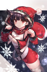 Rule 34 | 1girl, :3, absurdres, alswp5806, animal ear fluff, animal ears, azur lane, black hair, blush stickers, breasts, capelet, cat ears, christmas, hat, highres, long sleeves, looking at viewer, medium breasts, paw pose, red eyes, red hat, santa hat, short hair, snowflakes, solo, standing, thighhighs, white thighhighs, yamashiro (azur lane), yamashiro (holiday offensive) (azur lane)