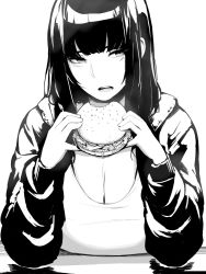 Rule 34 | 1girl, bare shoulders, bitten, black eyes, black hair, blunt bangs, breasts, burger, cleavage, collarbone, commentary, dripping, elbows on table, eyebrows, food, greyscale, highres, jacket, long hair, long sleeves, looking to the side, lynus, monochrome, open clothes, open jacket, open mouth, simple background, solo, table, white background