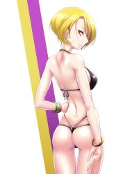 Rule 34 | 1girl, ass, bikini, blonde hair, bracelet, butt crack, earrings, echizen murasaki, from behind, hand on own hip, jewelry, looking at viewer, looking back, multicolored hair, murakumo1987, purple eyes, short hair, simple background, smile, solo, striped, striped background, swimsuit, thong, thong bikini, tokyo 7th sisters, two-tone hair, whale tail (clothing)