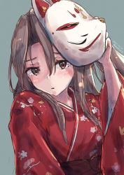 Rule 34 | 1girl, alternate costume, aruka, brown eyes, brown hair, fox mask, grey background, high ponytail, highres, japanese clothes, kantai collection, kimono, long hair, looking at viewer, mask, one-hour drawing challenge, red kimono, simple background, solo, upper body, zuihou (kancolle)