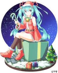 Rule 34 | 1girl, bare shoulders, bell, belt, belt buckle, blue eyes, blue hair, boots, bow, box, breasts, brown belt, brown socks, buckle, candy, candy cane, center frills, christmas, christmas ornaments, christmas tree, closed mouth, commentary request, detached sleeves, diagonal stripes, food, frills, fur-trimmed boots, fur-trimmed headwear, fur trim, fuyuki8208, gift, gift box, green bow, hair between eyes, hair ribbon, hand up, hat, hatsune miku, highres, holding, holding food, kneehighs, long hair, long sleeves, looking at viewer, red footwear, red hat, red ribbon, red shirt, red sleeves, ribbon, santa costume, shirt, sitting, sleeveless, sleeveless shirt, small breasts, smile, snow, socks, solo, striped, striped bow, twintails, very long hair, vocaloid, wide sleeves