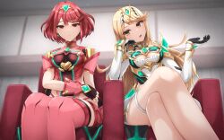 Rule 34 | 2girls, black gloves, blonde hair, breasts, chest jewel, cleavage, cleavage cutout, clothing cutout, crossed legs, dress, earrings, fingerless gloves, from below, gloves, highres, jewelry, large breasts, long hair, looking at viewer, multiple girls, mythra (xenoblade), nm (tshell2761), pyra (xenoblade), red eyes, red hair, red shorts, short dress, short hair, short shorts, shorts, swept bangs, thighhighs, tiara, very long hair, white dress, xenoblade chronicles (series), xenoblade chronicles 2, yellow eyes