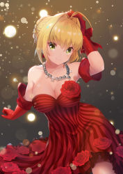 Rule 34 | 1girl, absurdres, ahoge, alternate costume, bare shoulders, blonde hair, breasts, cleavage, dress, fate/extra, fate (series), flower, gloves, green eyes, hair bun, hair flower, hair intakes, hair ornament, highres, idol emperor, jewelry, large breasts, looking at viewer, necklace, nero claudius (fate), nero claudius (fate) (all), nero claudius (fate/extra), off-shoulder dress, off shoulder, red dress, red flower, red gloves, red rose, rose, single hair bun, smile, solo, striped clothes, striped dress, vertical-striped clothes, vertical-striped dress, zpig020406