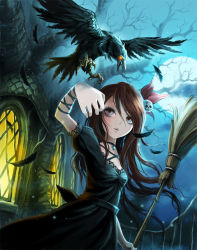 Rule 34 | 1girl, bare tree, bird, broom, brown eyes, brown hair, choker, crow, dress, feathers, full moon, glowing, glowing eyes, hair ribbon, jewelry, lace trim, moon, necklace, night, night sky, original, parted lips, ribbon, skull, sky, solo, tree, ume (illegal bible)