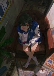 Rule 34 | 1girl, armchair, artist name, bare legs, black hair, blue jacket, book, bookshelf, casual, cellphone, chair, chinese commentary, commentary, crossed legs, dated, elbow rest, from above, green eyes, hair between eyes, hair ornament, hairclip, head rest, highres, holding, holding phone, indoors, jacket, letterman jacket, looking at object, multicolored clothes, multicolored jacket, no shoes, original, phone, picture frame, pursed lips, rug, shaded face, shadow, sidelighting, signature, sitting, smartphone, socks, solo, two-tone jacket, white jacket, white socks, wooden floor, xilmo