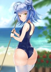 Rule 34 | 1girl, ahoge, ass, azur lane, beach, blue hair, blue one-piece swimsuit, blurry, blurry background, blush, breasts, covered erect nipples, double bun, hair bun, hair ribbon, heterochromia, holding, looking at viewer, looking back, medium hair, mole, mole under eye, nicholas (azur lane), nicholas (summer cleaning &quot;volunteer&quot;) (azur lane), one-piece swimsuit, ootani nonno, outdoors, red eyes, ribbon, skindentation, small breasts, solo, swimsuit, thick thighs, thighhighs, thighs, white thighhighs, yellow eyes