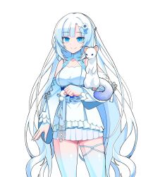 Rule 34 | 1girl, animal, animal on hand, bare shoulders, blue eyes, blunt bangs, cowboy shot, dress, ferret, highres, impossible clothes, long hair, mono (moiky), smile, very long hair, voicevox, white background, white dress, white hair, whitecul, wrist cuffs
