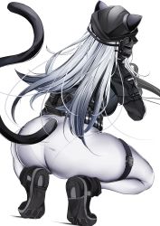 Rule 34 | 1girl, aiming, animal ears, ankle boots, arknights, ass, belt, black footwear, black hair, black hat, boots, bow (weapon), breasts, cat ears, cat girl, cat tail, clothing cutout, crossbow, from behind, full body, goddess of victory: nikke, gradient hair, grey hair, hat, highres, holding, holding crossbow, holding weapon, kokihanada, large breasts, multicolored hair, official alternate costume, pants, pantylines, parody, schwarz (arknights), schwarz (skyline) (arknights), simple background, solo, spread legs, squatting, tail, tail through clothes, thigh strap, tight clothes, tight pants, weapon, white background, white pants