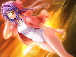 Rule 34 | 1girl, adjusting hair, arm behind back, backlighting, beach, bow, carnelian, casual one-piece swimsuit, dutch angle, from side, game cg, hair intakes, hair ribbon, half updo, jewelry, lens flare, masaharu, no pants, ocean, one-piece swimsuit, orange eyes, outdoors, outline, pink bow, purple hair, ribbon, ring, shirase ui, shirt, solo, sparkle, standing, sun, sunset, swimsuit, swimsuit under clothes, thighs, ui-chan no niizuma diary, water, wedding band, wedding ring, white one-piece swimsuit, wind